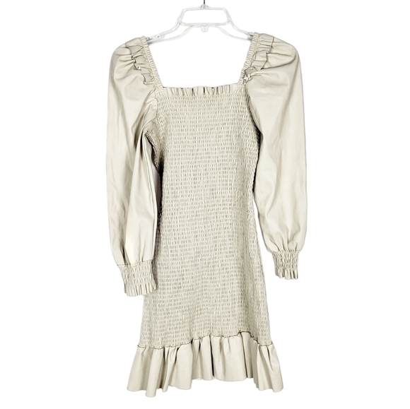 7 For All Mankind Smocked Faux Leather Mini Dress cream - Picture 2 of 5